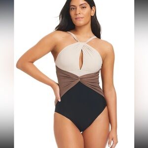 NWT Beyond Women's Two-Tone High neck Tummy Control Swimsuit